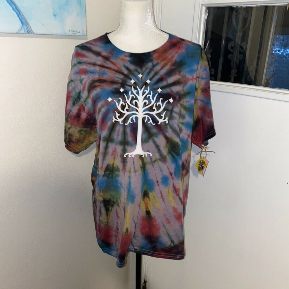 LOTR OOAK Hobbit Lord Of The Rings White Tree of Gondor Tie Dye Puffy L t-shirt